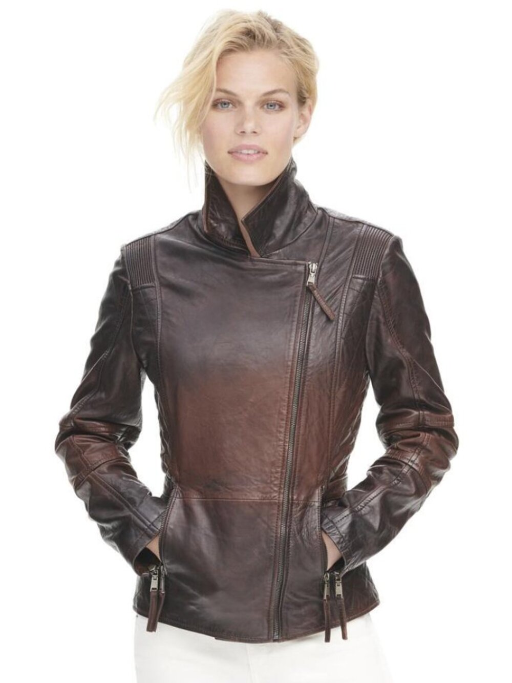 NWT $550 Wilsons Leather Vintage-Brown Ombre Genuine Leather Moto Jacket, Sz L